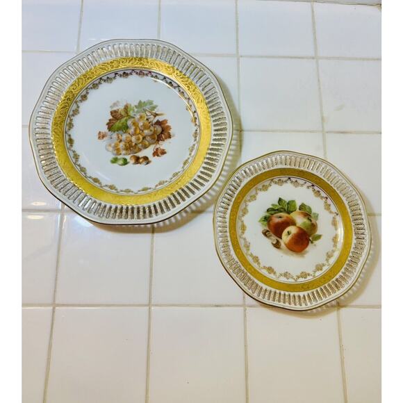 2 Reticulated Pierced Porcelain Dessert Plates Grapes & Apple Gold Trim Germany - Picture 1 of 4